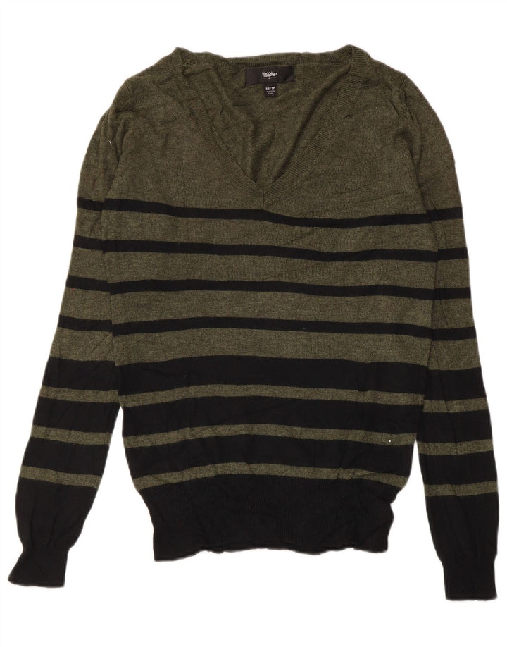 Suéter feminino MOSSIMO com decote em V UK 6 XS cáqui listrado nylon