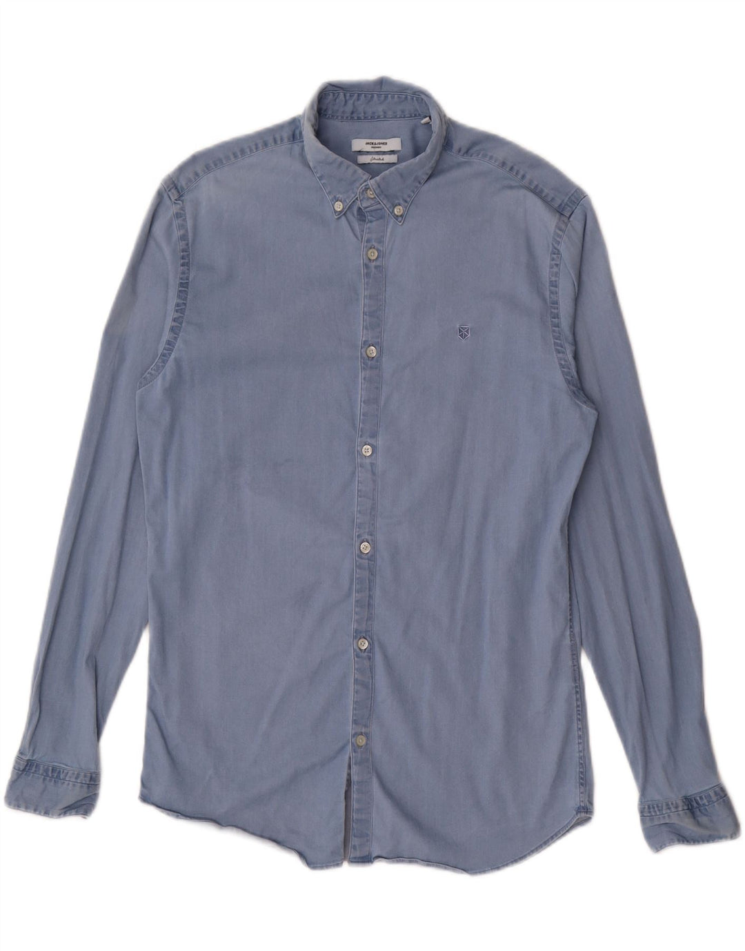 JACK & JONES Camisa jeans masculina pequena de algodão azul