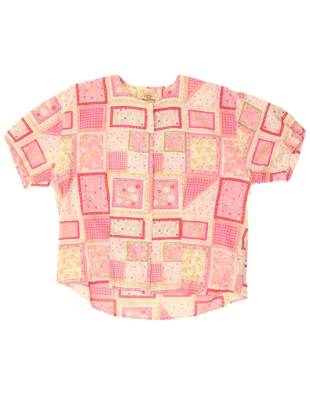 Blusa feminina vintage de manga curta UK 16 patchwork rosa grande