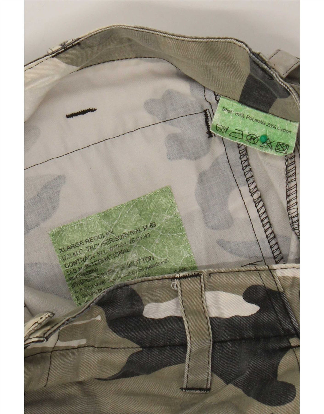 Shorts cargo masculino vintage XL W38 poliéster camuflado cáqui