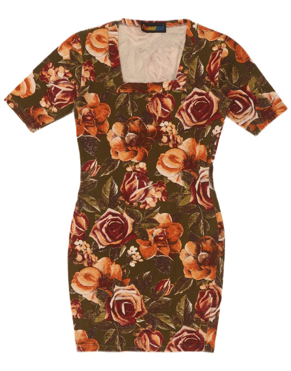 Vestido bodycon feminino vintage Reino Unido 8 pequeno algodão floral cáqui