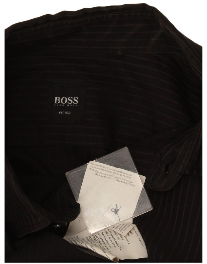 Camisa masculina Hugo Boss justa grande listrada preta de algodão