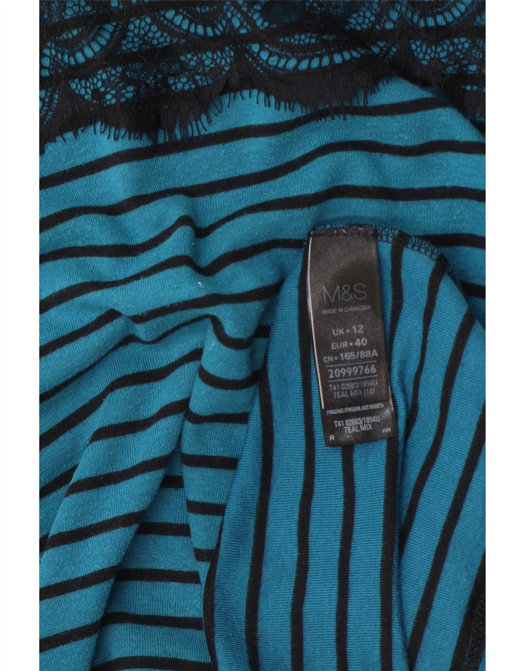 Top feminino Marks & Spencer manga comprida UK 12 algodão listrado azul médio