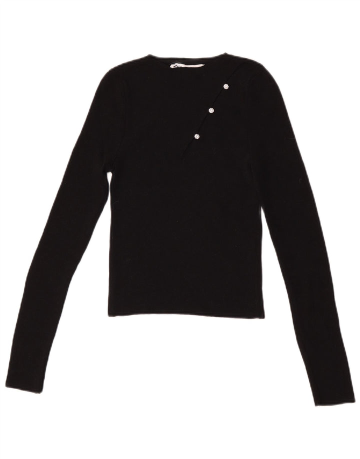 Zara Top curto feminino manga comprida Reino Unido 8 pequeno preto poliamida