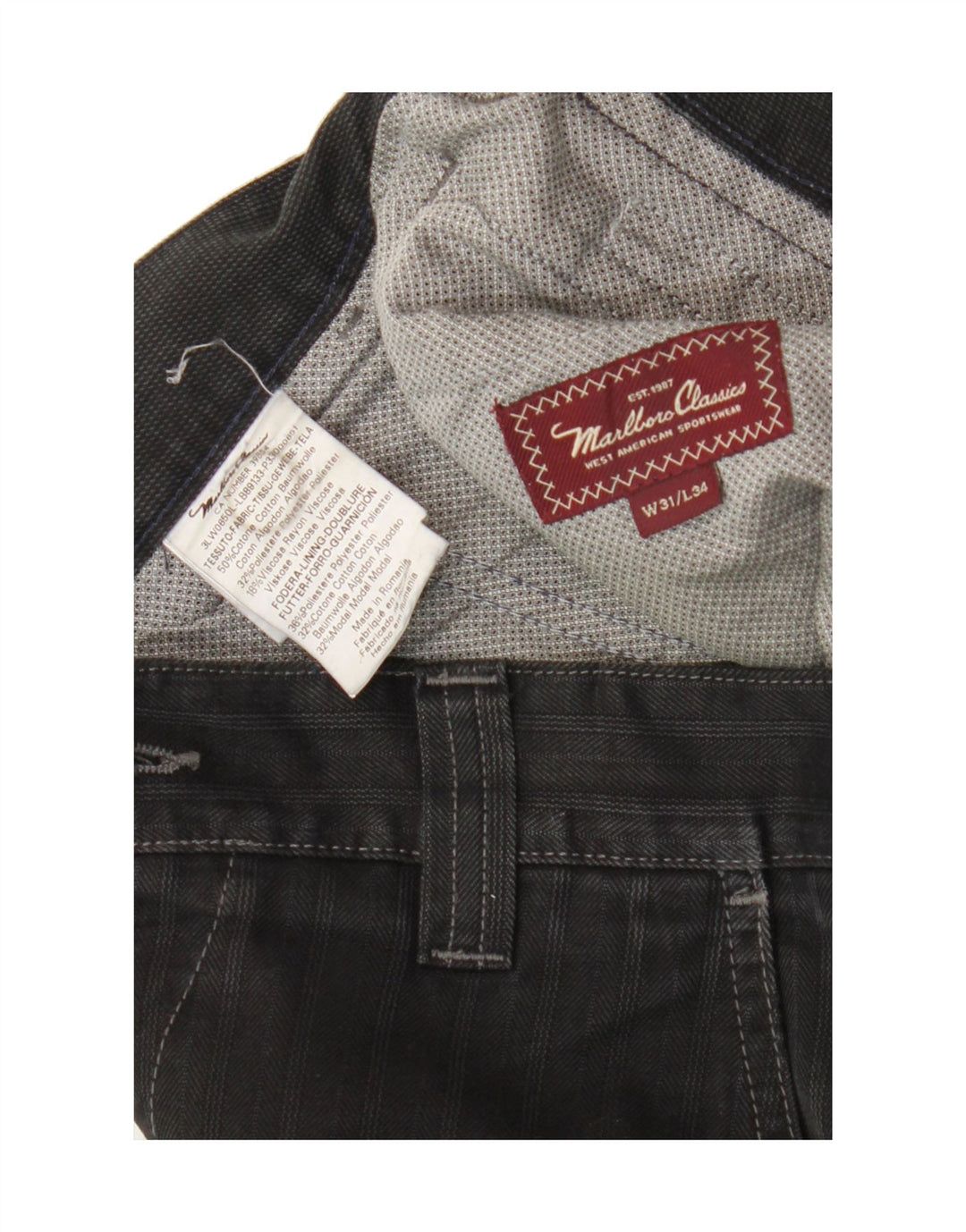MARLBORO CLASSICS Mens Straight Chino Trousers W31 L29 Black Striped Vintage Marlboro Classics and Second-Hand Marlboro Classics from Messina Hembry 