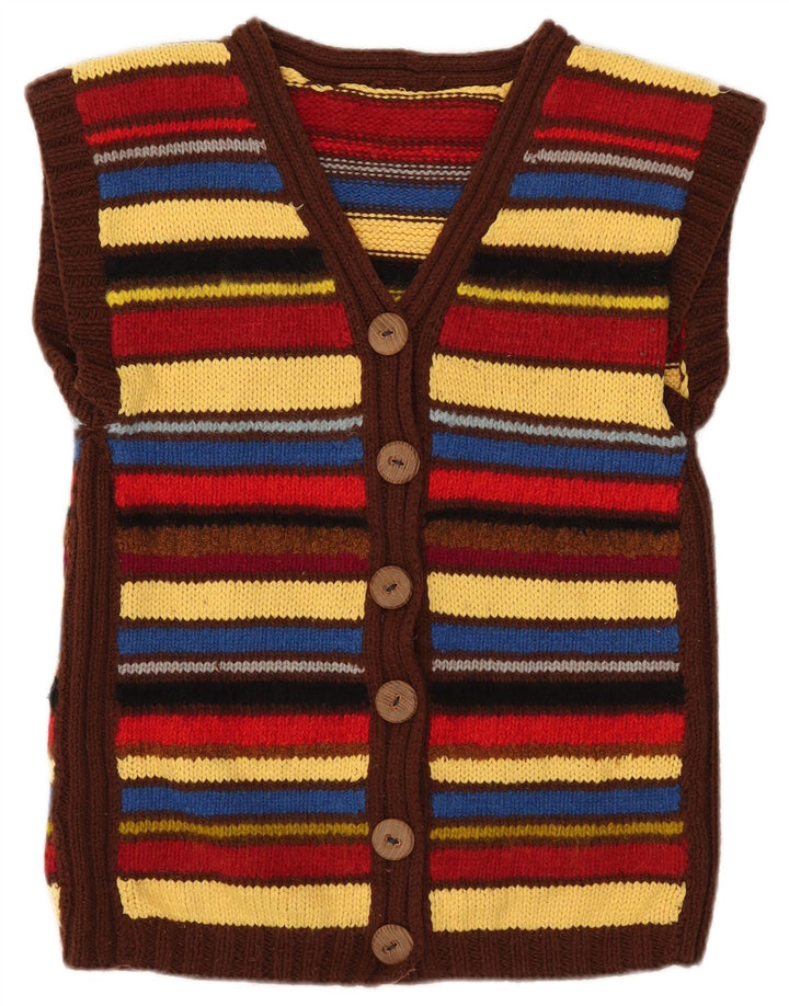 Suéter cardigã feminino vintage UK 12 médio listrado multicolorido