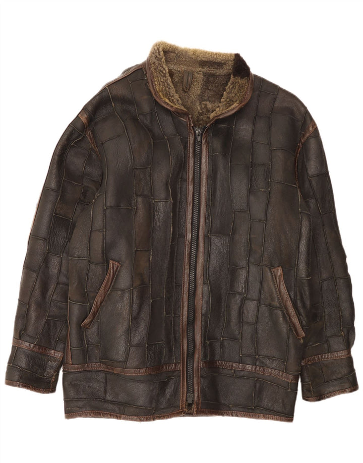 Jaqueta masculina vintage Shearling UK 42 XL marrom patchwork