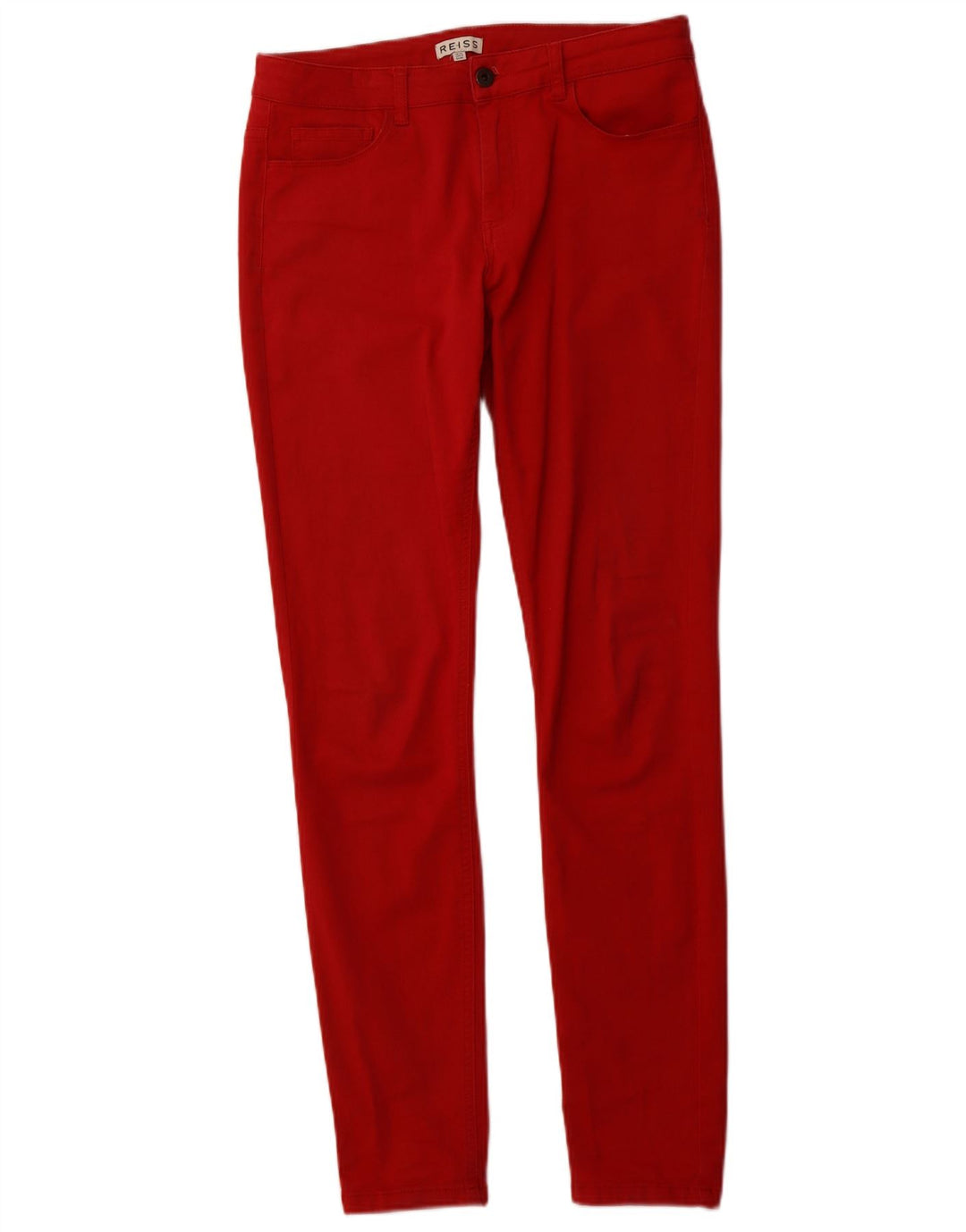 Calça feminina casual skinny REISS Reino Unido 12 médio W30 L32 algodão vermelho