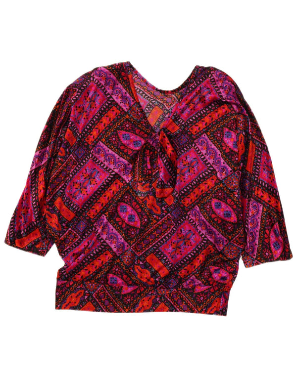 Blusa feminina vintage manga 3/4 top UK 14 médio multicolorido retrô