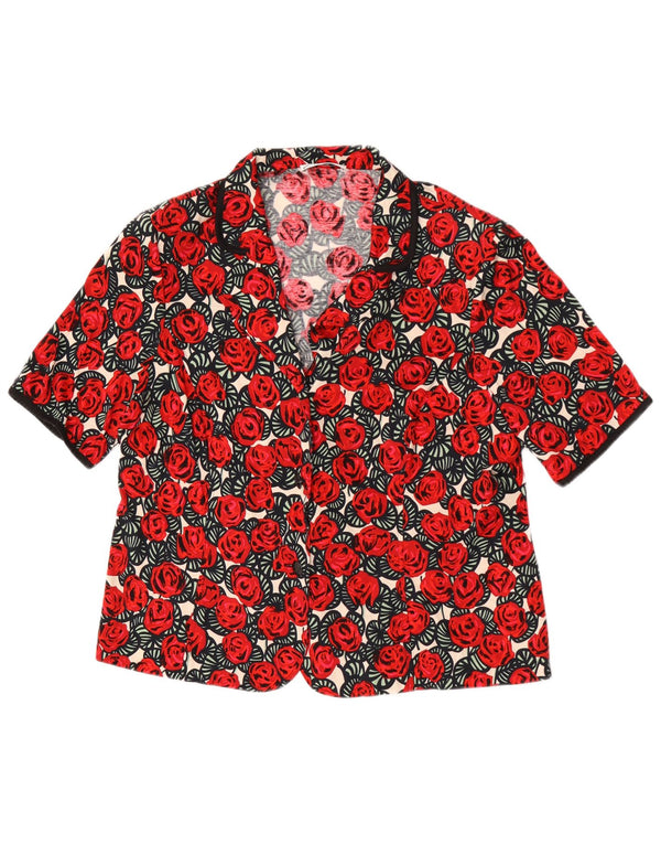 Blusa feminina vintage de manga curta UK 24 4XL algodão floral vermelho
