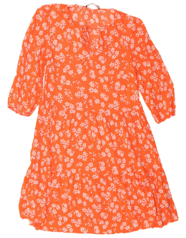 Vestido feminino Marks & Spencer manga 3/4 em camadas Reino Unido 8 pequeno laranja floral
