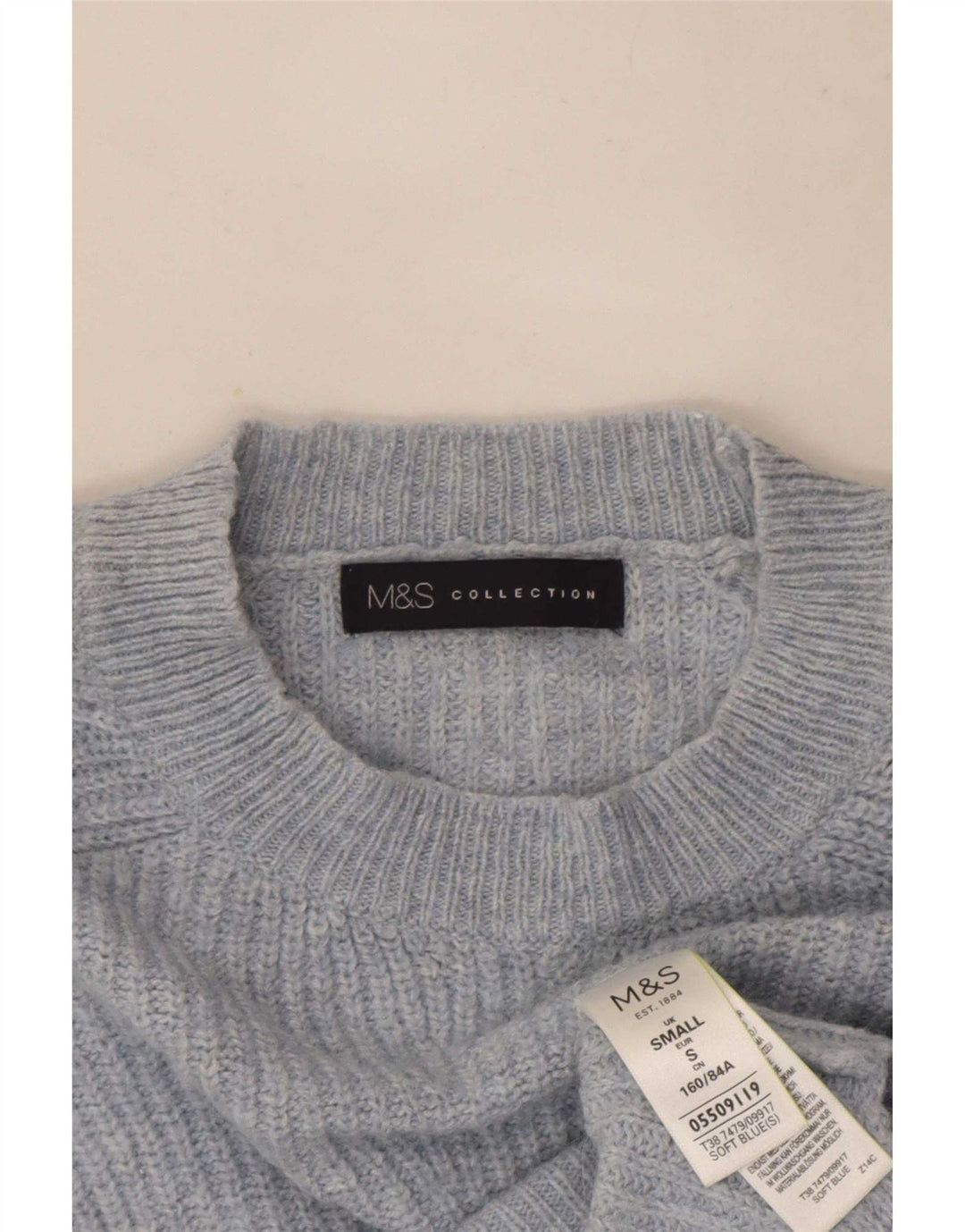 Suéter feminino Marks & Spencer com gola redonda grande, Reino Unido 10 pequeno azul