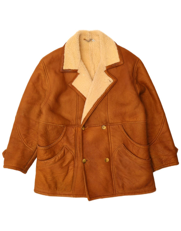 Vintage Mens Double Breasted Shearling Jacket UK 42 XL Brown