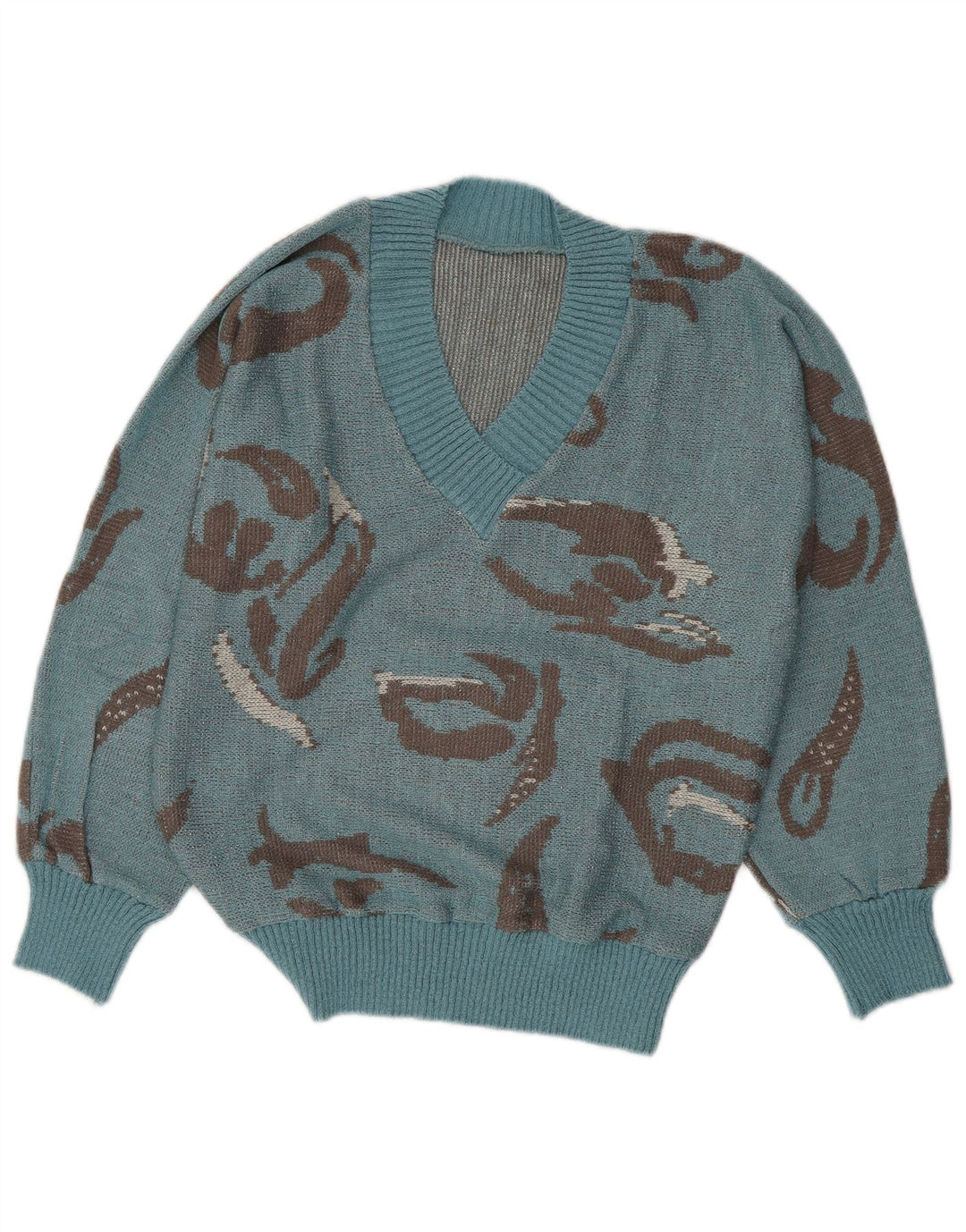 Suéter feminino VINTAGE com estampa abstrata e decote em V Reino Unido 16 grande azul