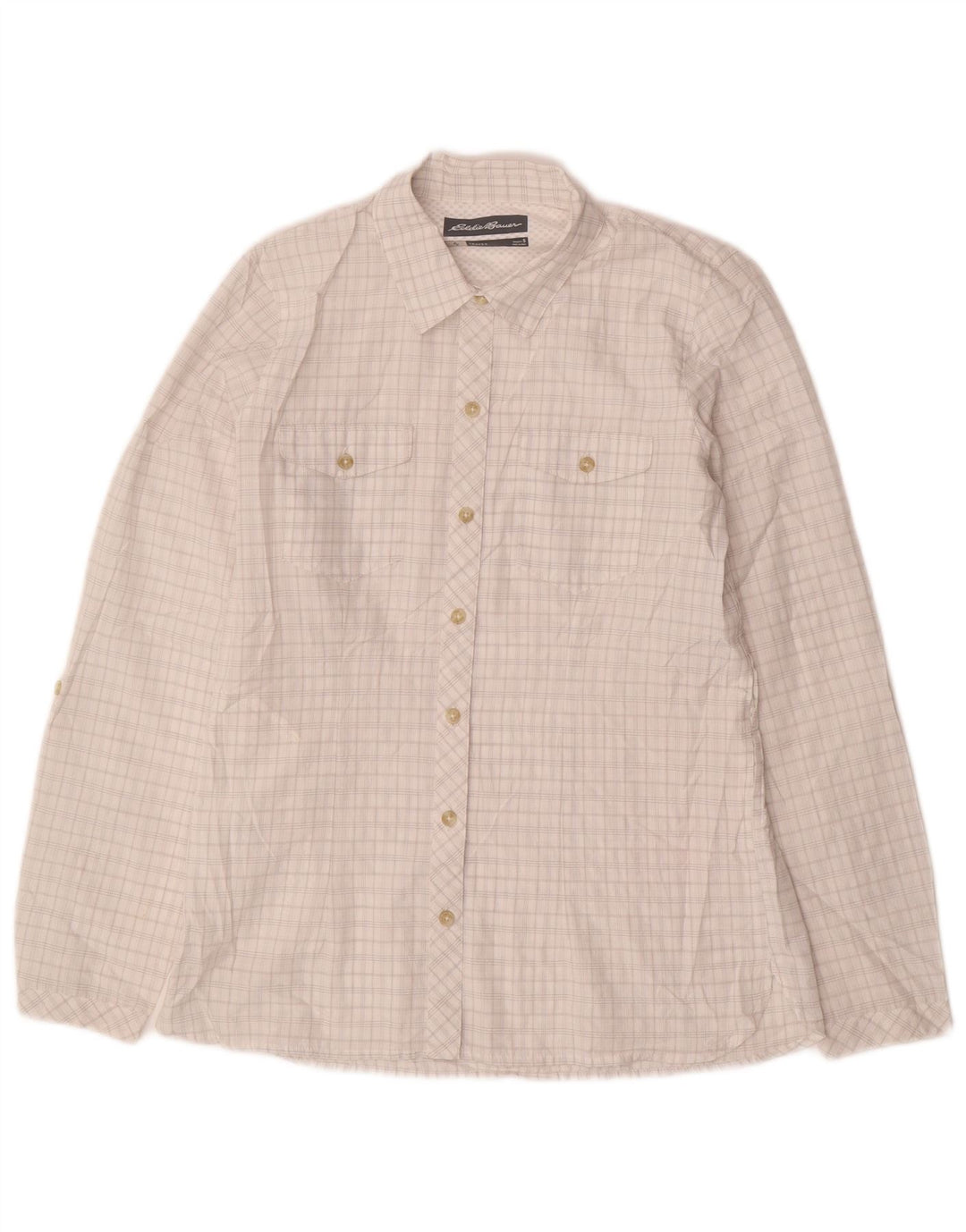 Camisa feminina EDDIE BAUER UK 10 poliéster xadrez branco pequeno