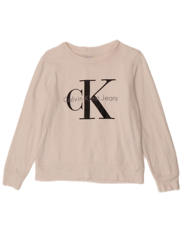 Calvin Klein Jeans feminino moletom gráfico jumper UK 10 pequeno branco