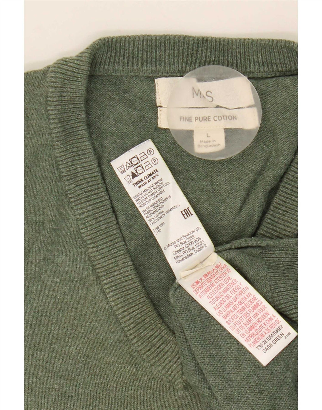 Suéter masculino Marks & Spencer com decote em V grande algodão verde