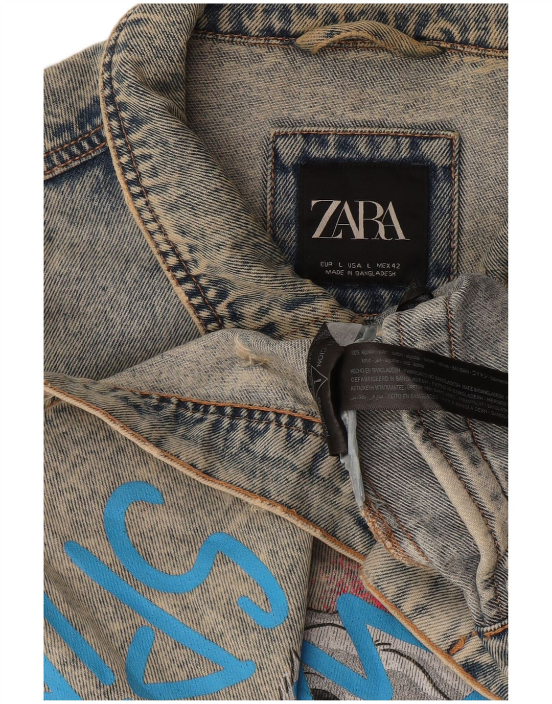 Jaqueta jeans masculina Zara Graphic UK 40 grande algodão azul