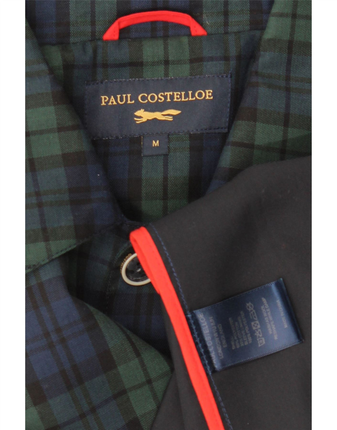 Sobretudo masculino PAUL COSTELLOE UK 38 poliéster xadrez azul marinho médio