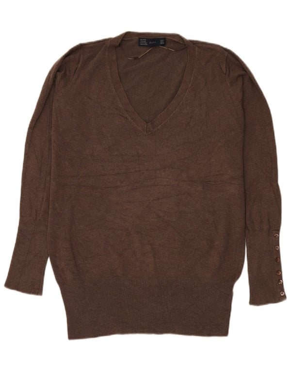 Suéter feminino Zara com decote em V Reino Unido 14 grande rayon marrom