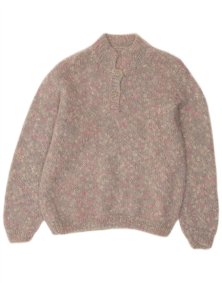 Suéter feminino VINTAGE com gola redonda e botão UK 14 grande cinza manchado