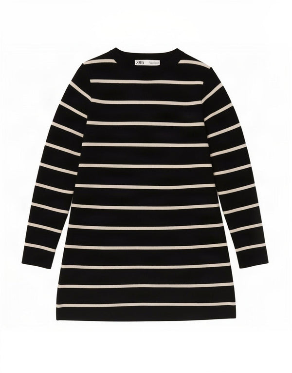 Vestido túnica feminino de manga comprida Zara Reino Unido 8 pequeno listrado preto