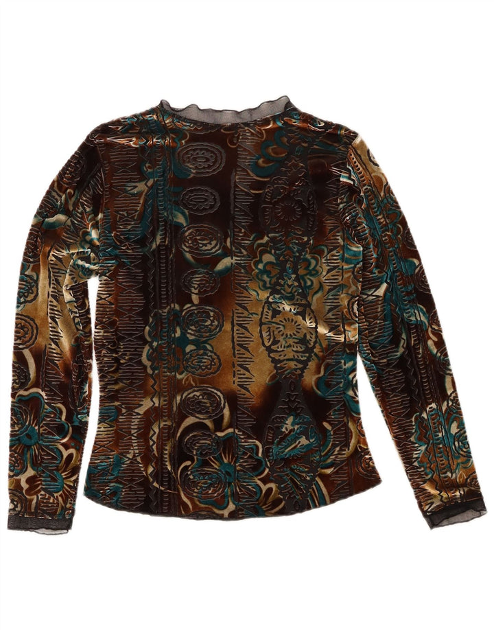 Top de veludo feminino vintage manga longa Reino Unido 6 XS floral multicolorido