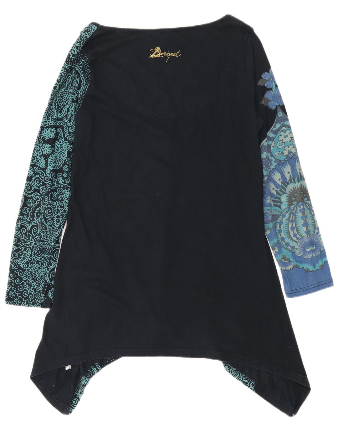 Desigual Top túnica feminina gráfica assimétrica UK 12 médio preto floral