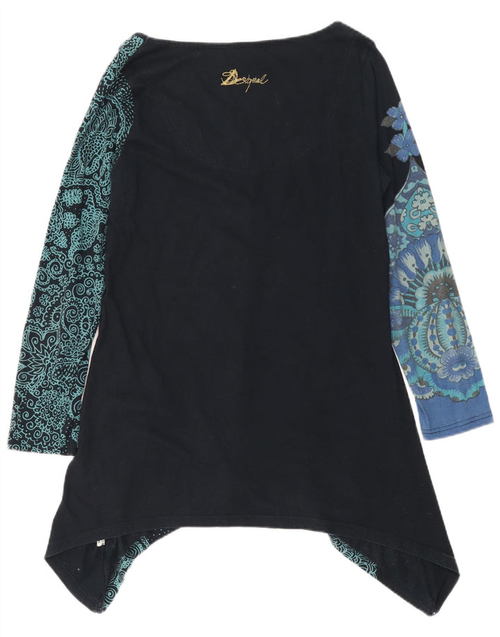 Desigual Top túnica feminina gráfica assimétrica UK 12 médio preto floral
