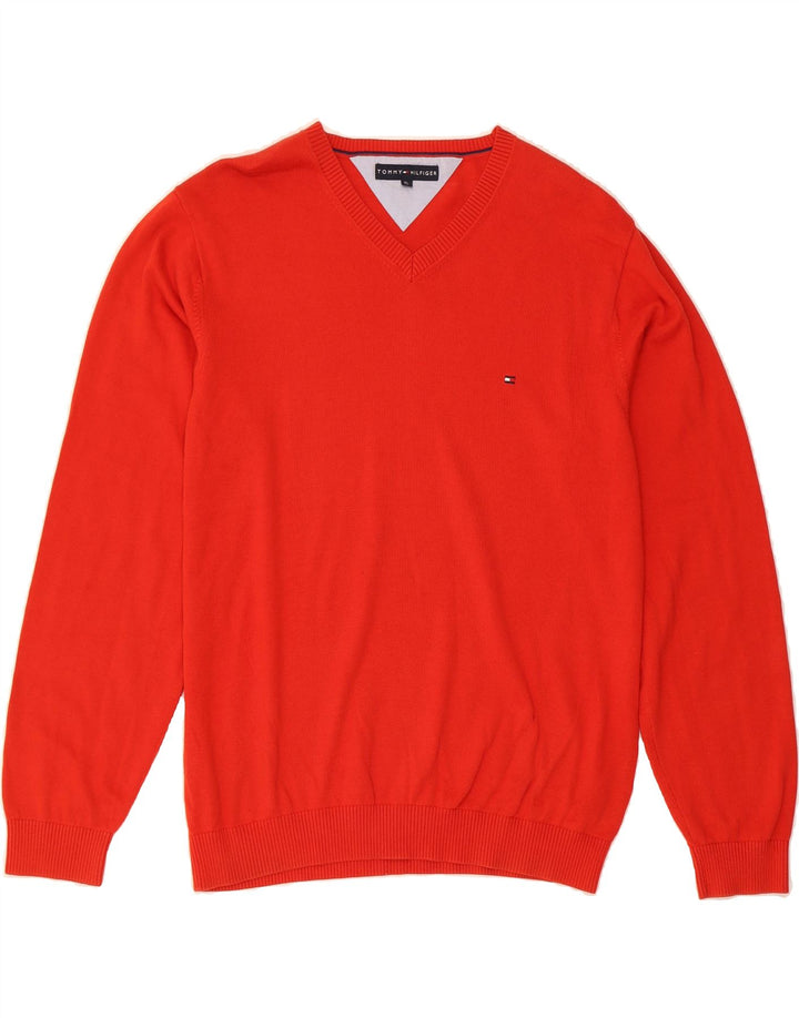 TOMMY HILFIGER Mens V-Neck Jumper Sweater XL Red Cotton Vintage Tommy Hilfiger and Second-Hand Tommy Hilfiger from Messina Hembry 