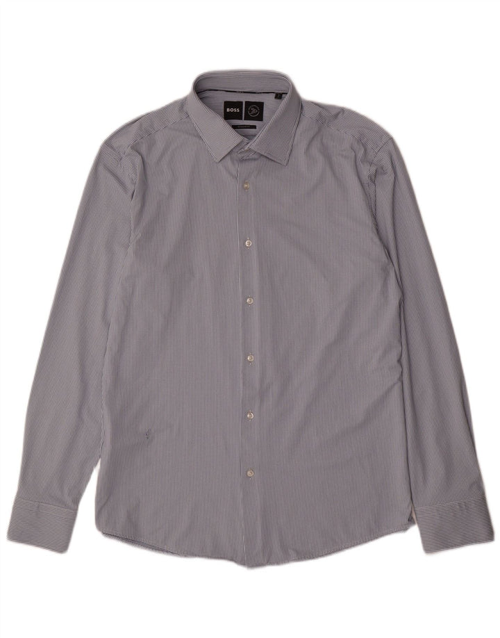 Camisa masculina Hugo Boss Regular Fit tamanho 41 16 grande poliamida manchada azul