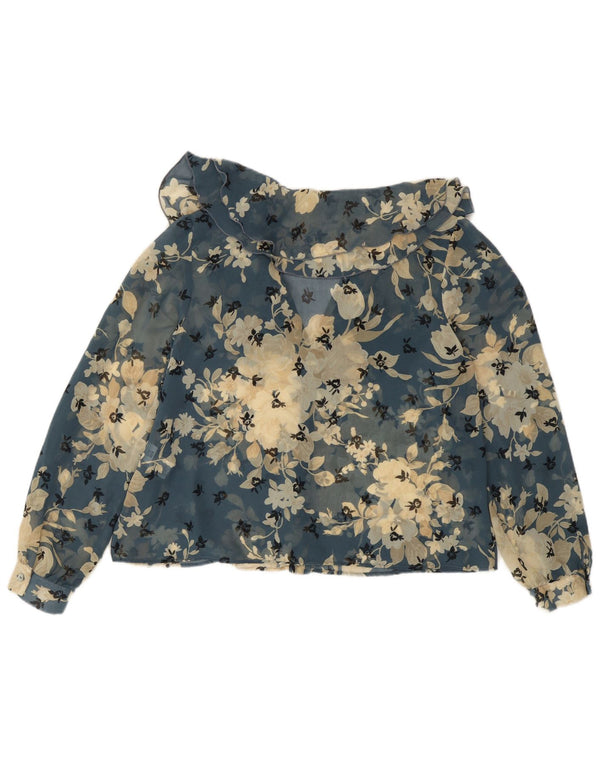 Zara Blusa feminina transparente Reino Unido 10 pequena azul floral poliéster