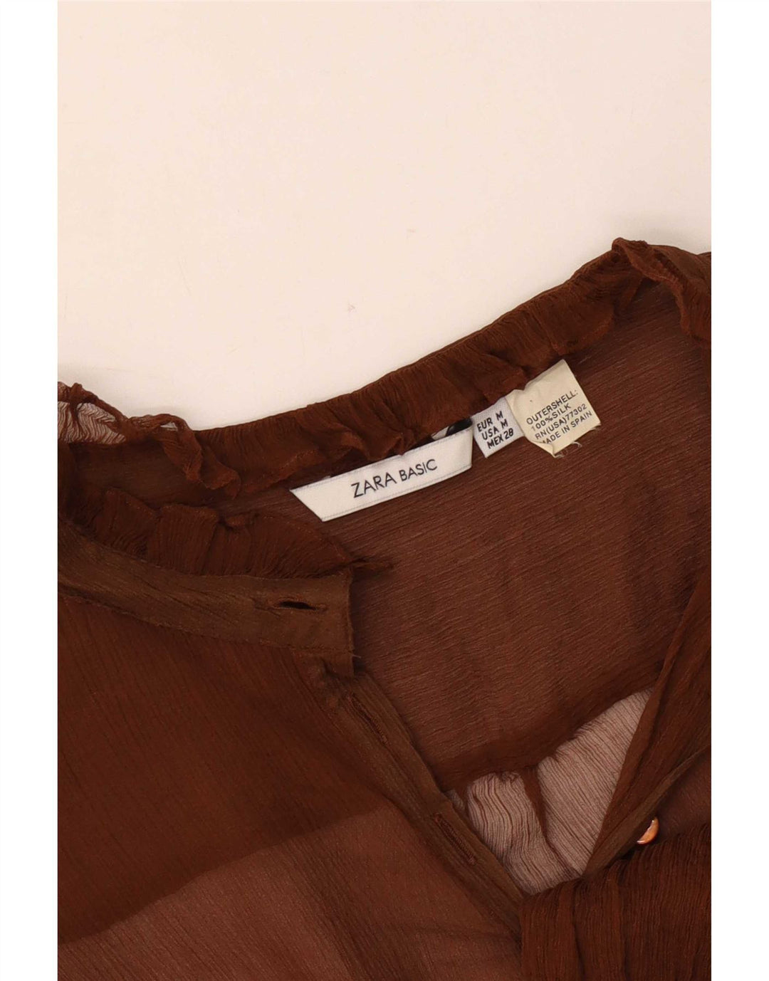 Top feminino Zara de manga comprida transparente Reino Unido 14 seda marrom médio