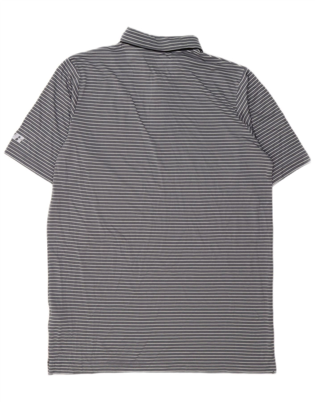 Camisa polo masculina RUSSELL ATLÉTICA Reino Unido 38/40 poliéster listrado cinza médio