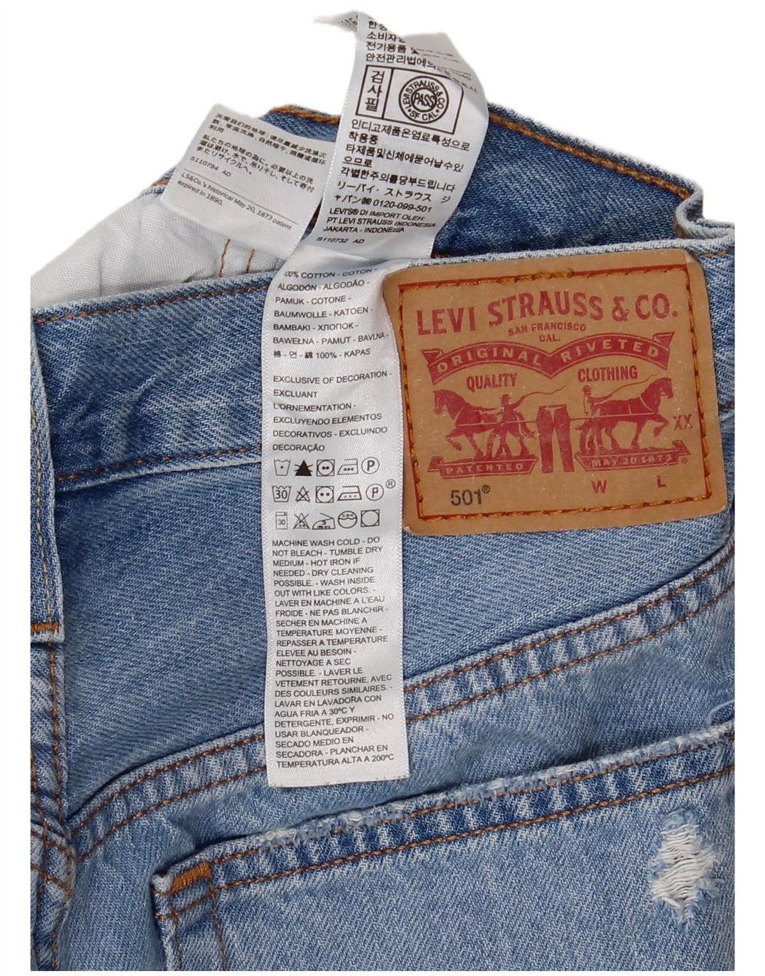 Shorts jeans feminino Levi's 501 desgastado W27 pequeno algodão azul