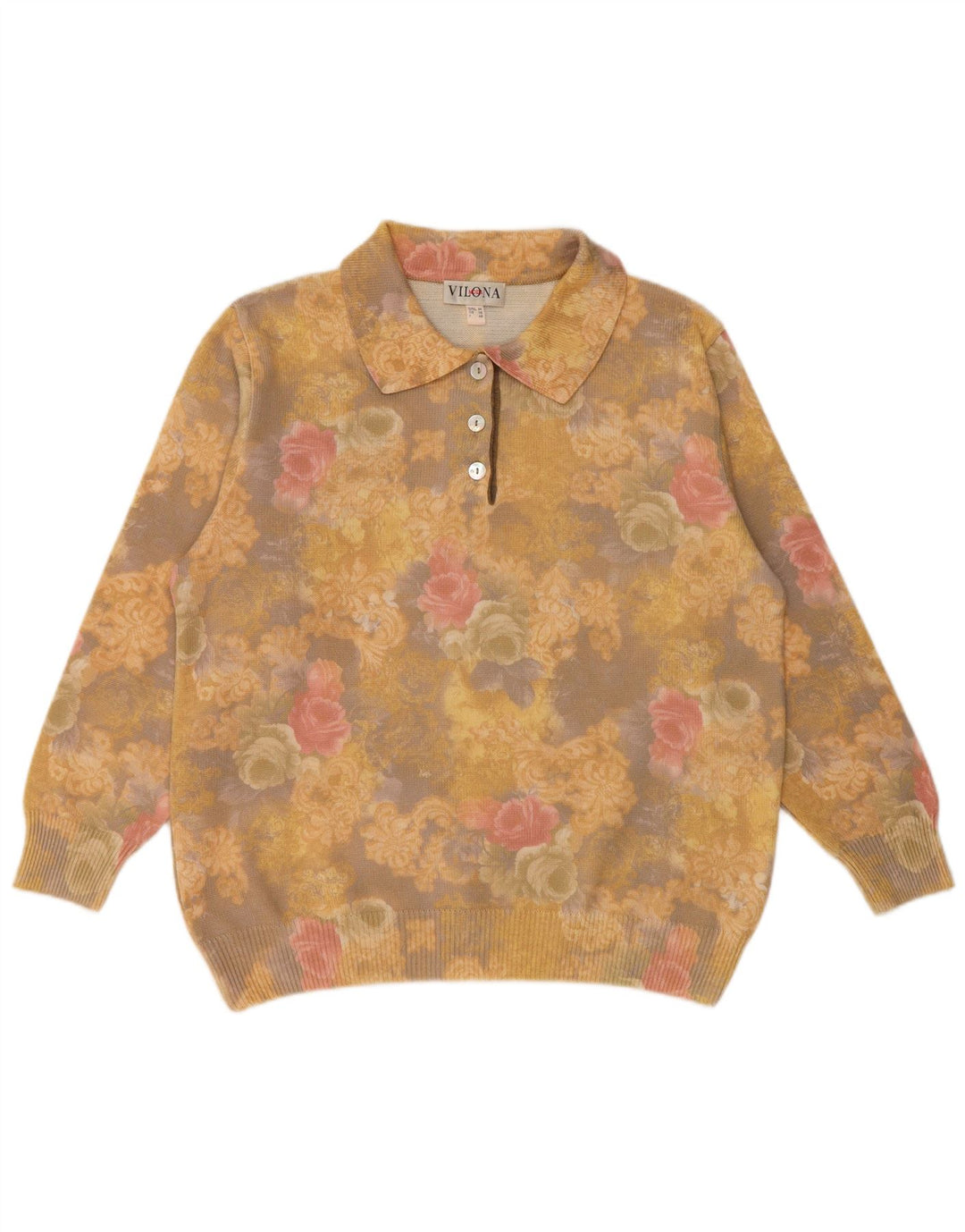 Suéter feminino VILONA MODA com gola polo UK 18 XL amarelo floral lã