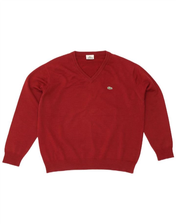 Suéter masculino Lacoste com decote em V tamanho 4 grande lã vermelha
