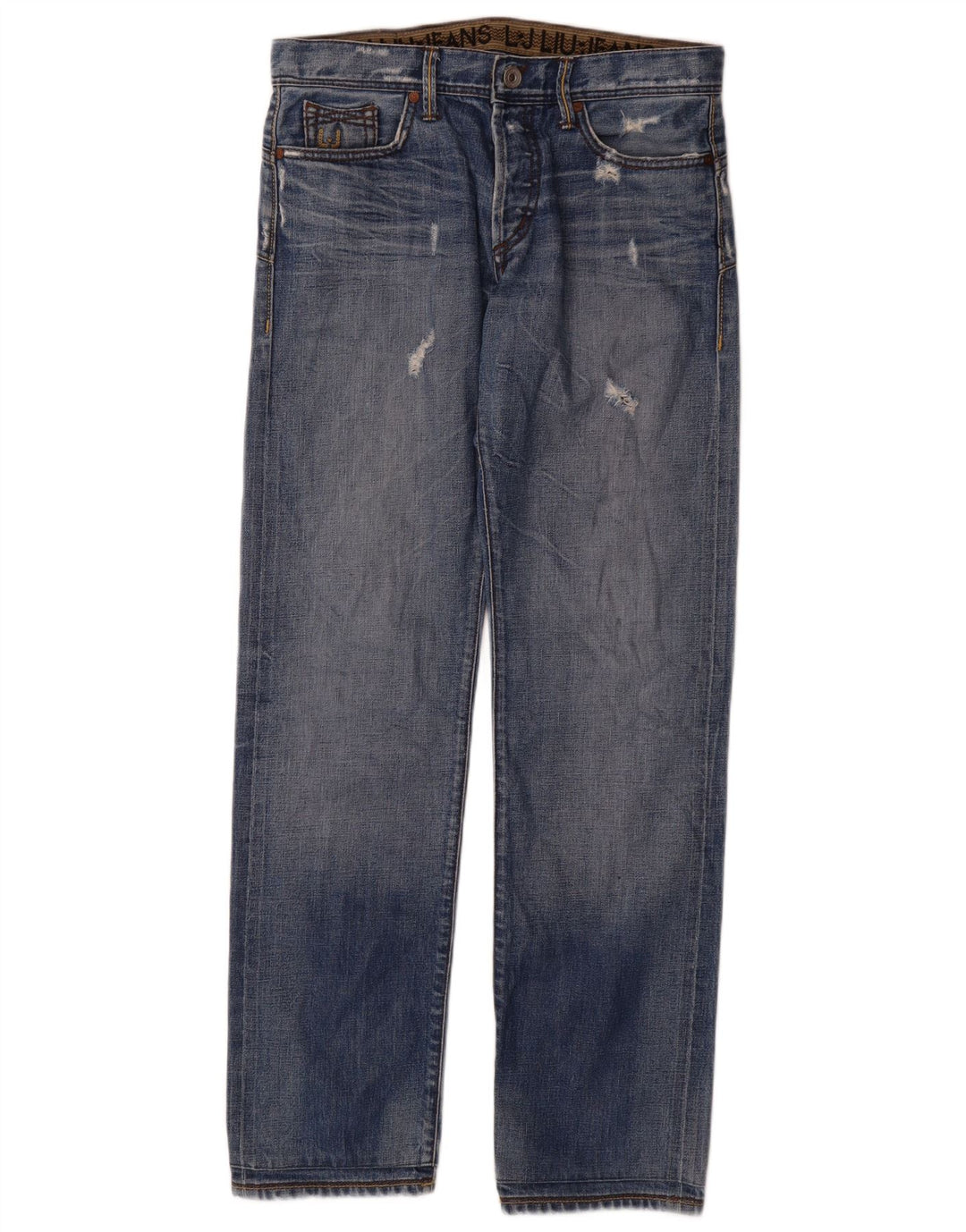 Liu Jo Calça jeans reta masculina desgastada W32 L34 algodão azul