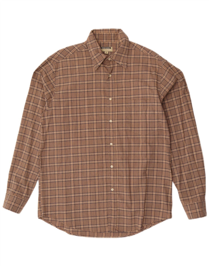 Camisa masculina Green Leaves grande algodão xadrez marrom