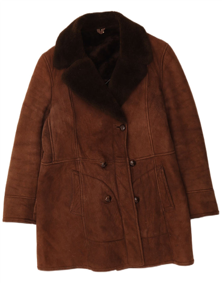 Casaco feminino vintage shearling duplo breasted IT 54 3XL couro marrom