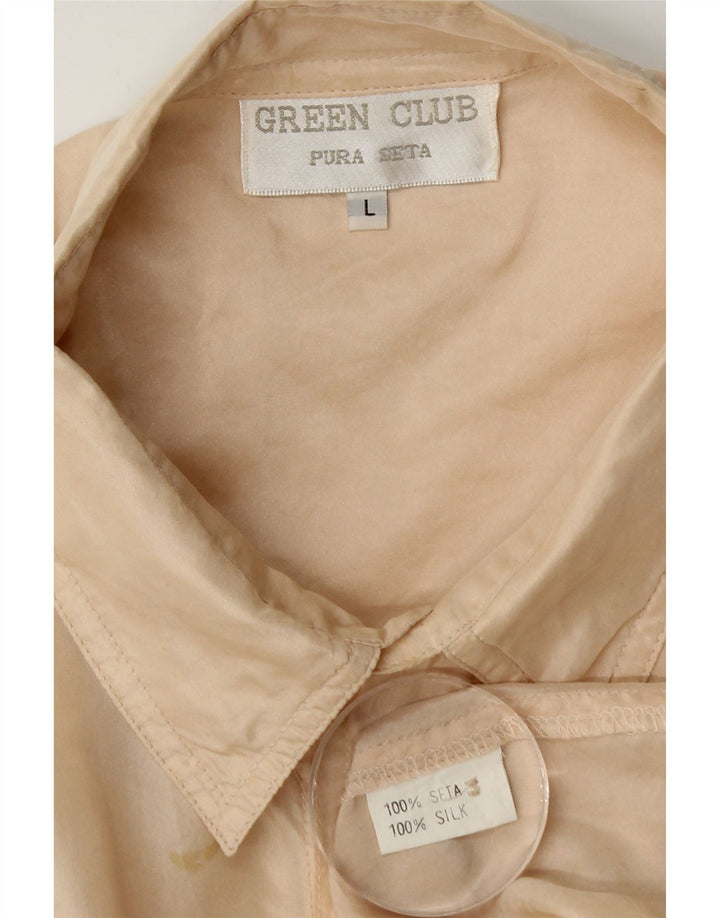 Camisa masculina vintage de manga curta grande seda bege