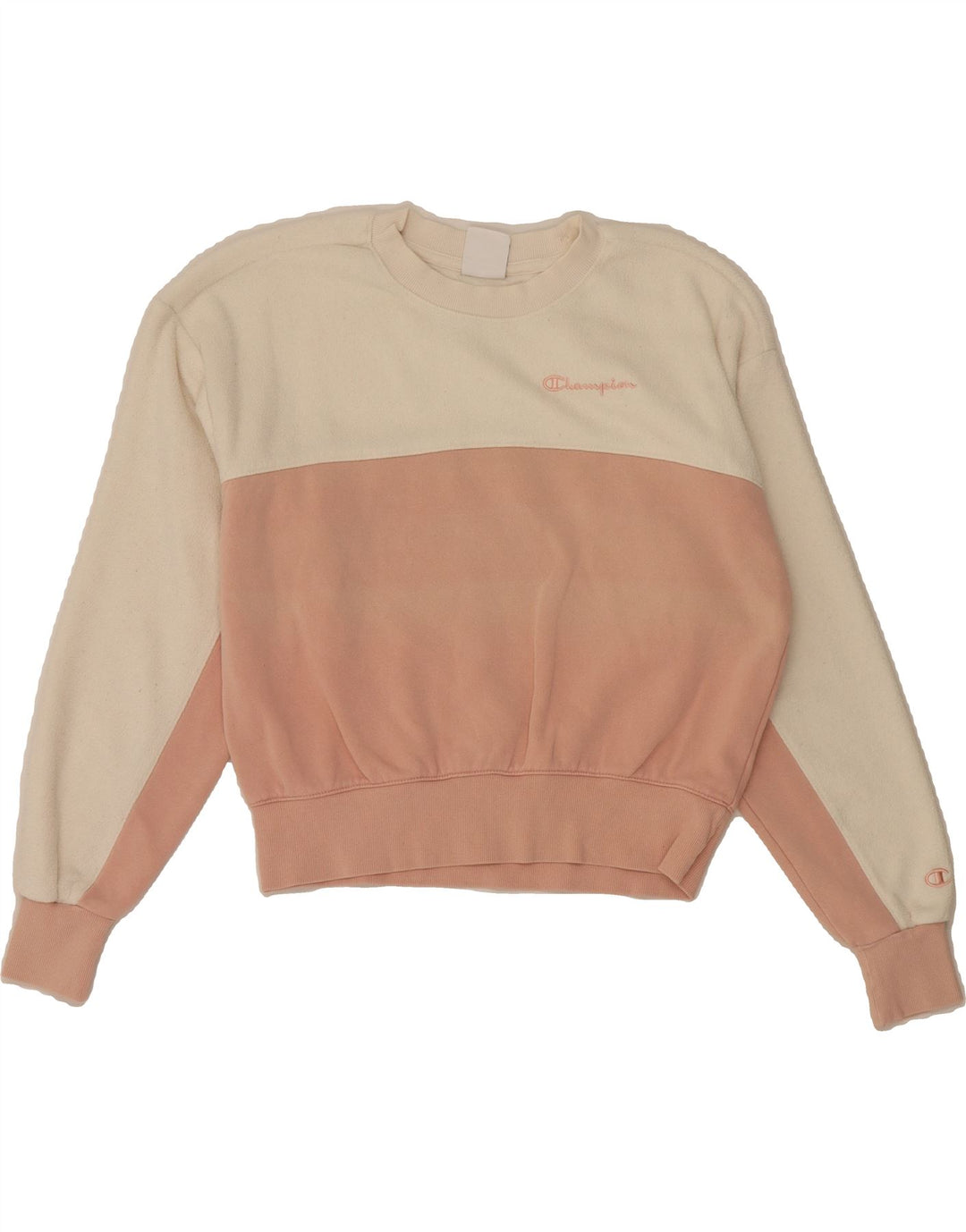 CHAMPION Womens Oversized Sweatshirt Jumper UK 6 XS Pink Colourblock Vintage Champion and Second-Hand Champion from Messina Hembry 