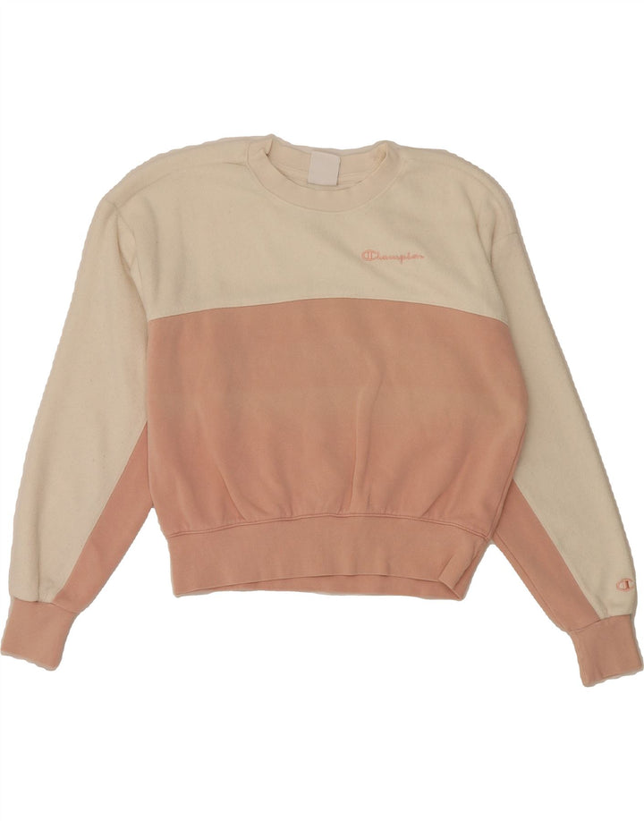 CHAMPION Womens Oversized Sweatshirt Jumper UK 6 XS Pink Colourblock Vintage Champion and Second-Hand Champion from Messina Hembry 