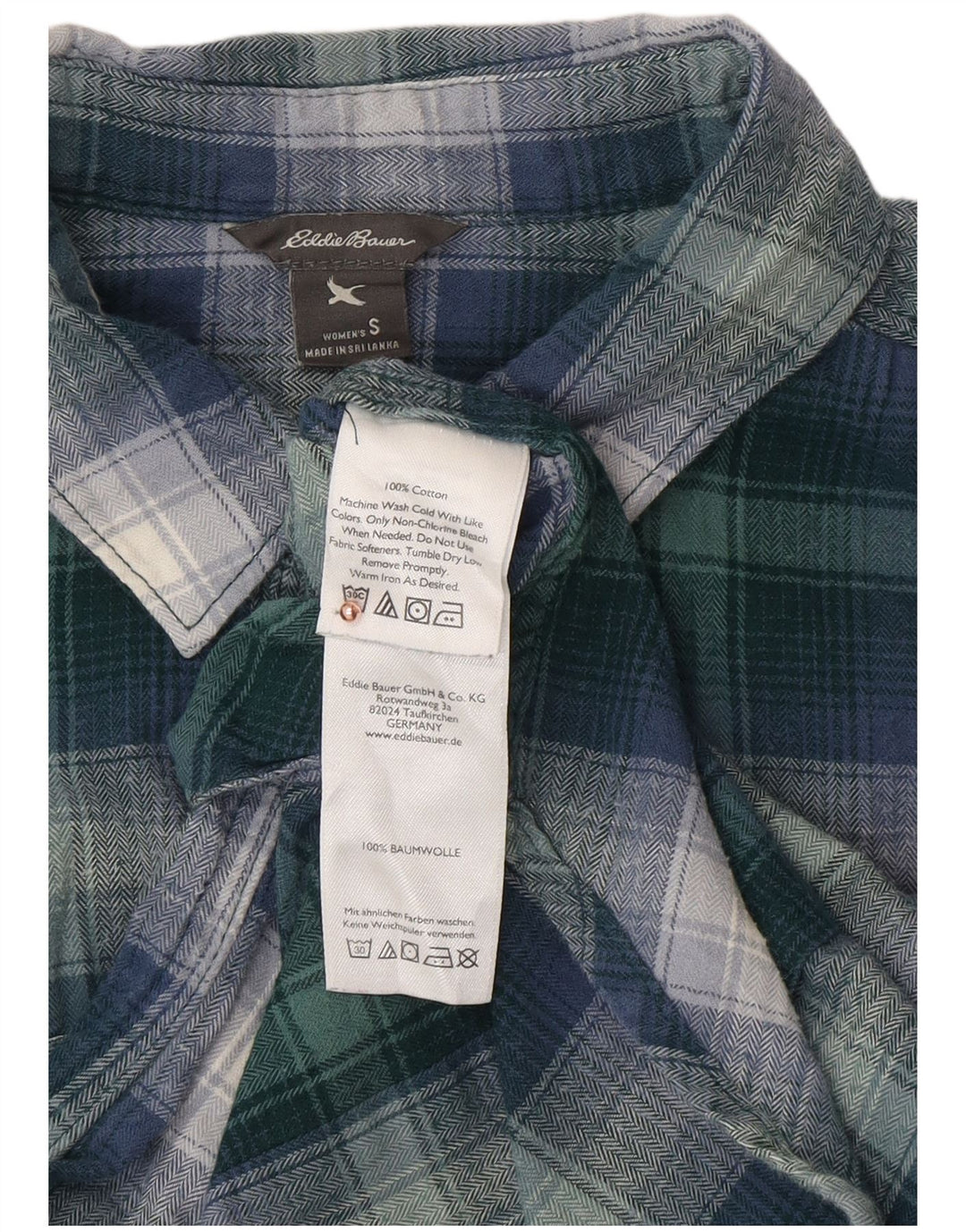 Camisa feminina de flanela EDDIE BAUER Reino Unido 10 algodão xadrez verde pequeno
