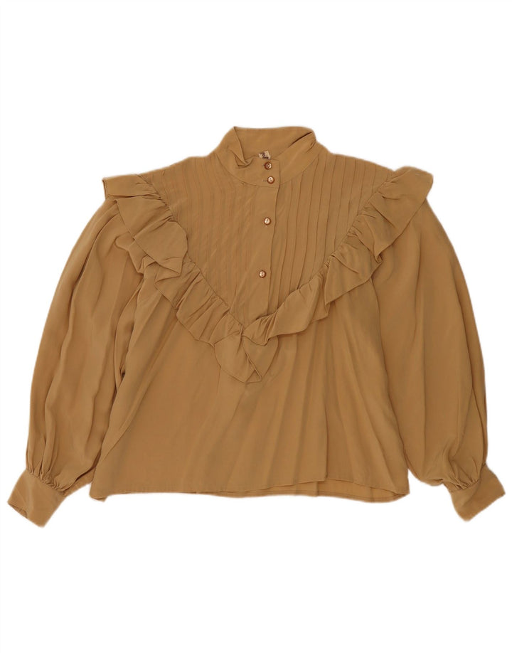 Blusa feminina vintage manga comprida com babado frontal IT 46 grande seda bege