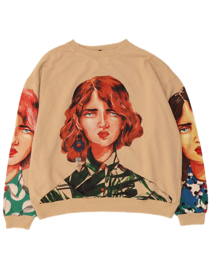 Suéter feminino ZARA com estampa oversized cropped Reino Unido 14 médio bege