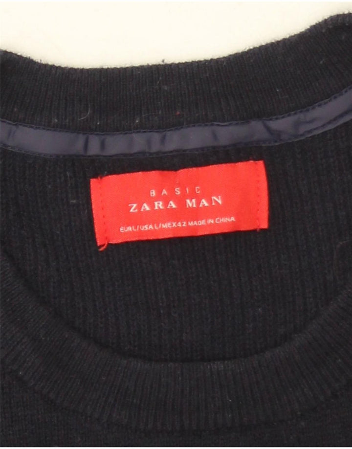 Zara Suéter masculino com gola redonda grande algodão azul marinho