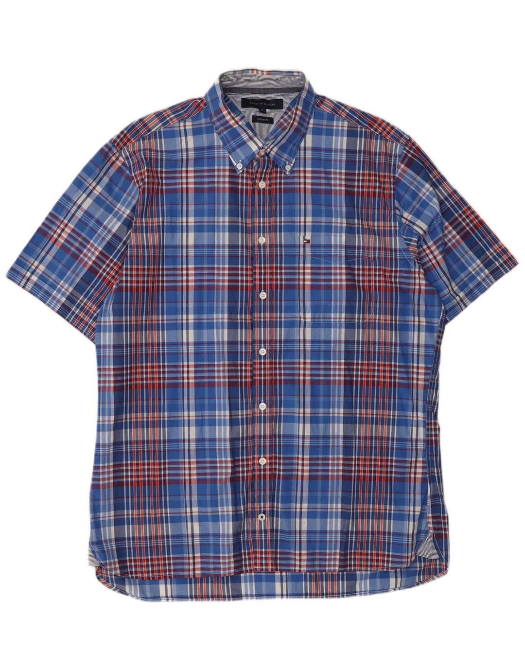 Camisa masculina TOMMY HILFIGER de manga curta com ajuste personalizado XL azul xadrez de algodão
