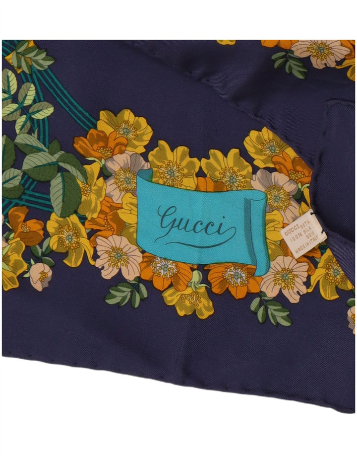 Gucci Lenço quadrado feminino gráfico tamanho único azul marinho floral seda clássico