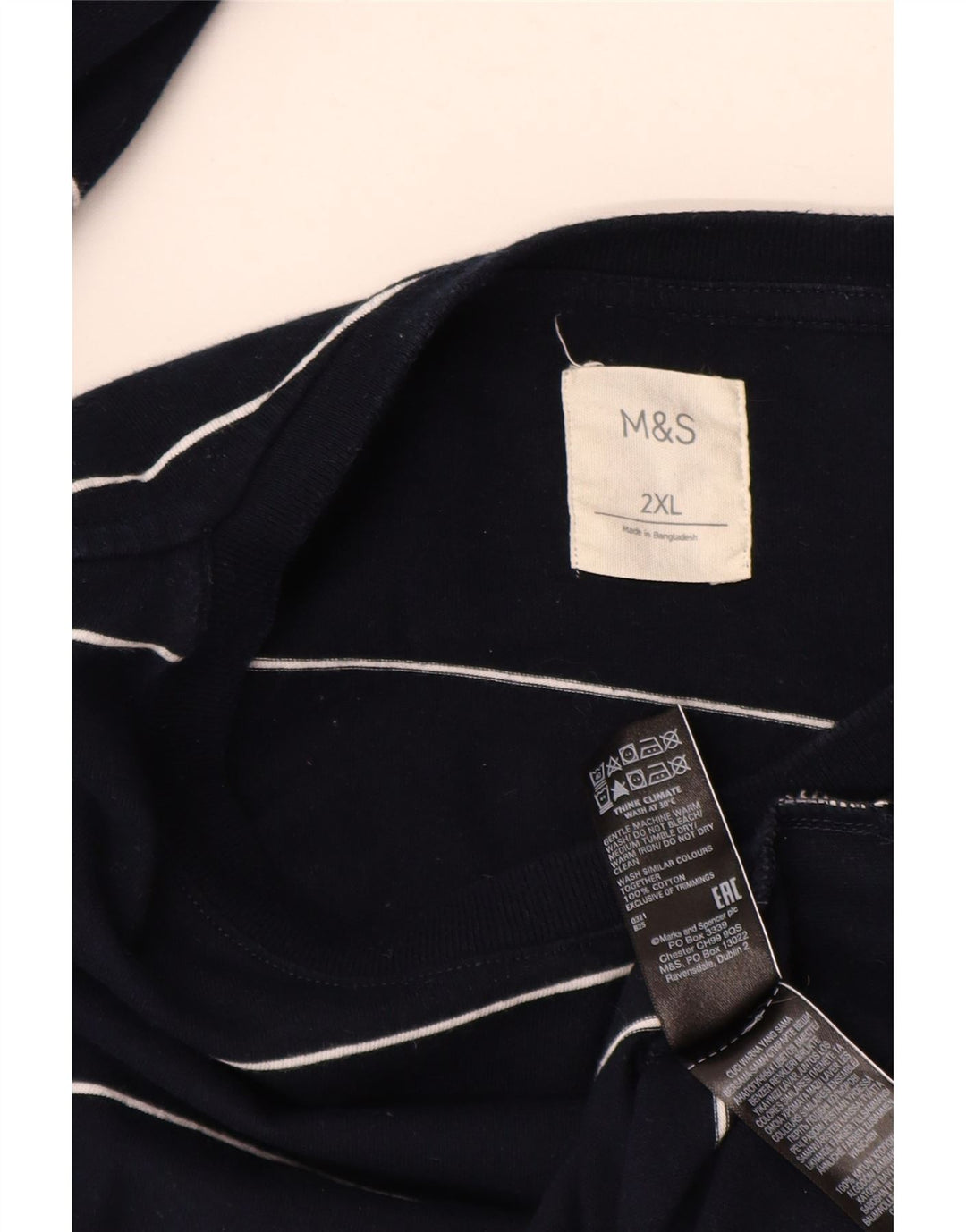MARKS & SPENCER Top masculino de manga comprida 2XL algodão listrado azul marinho